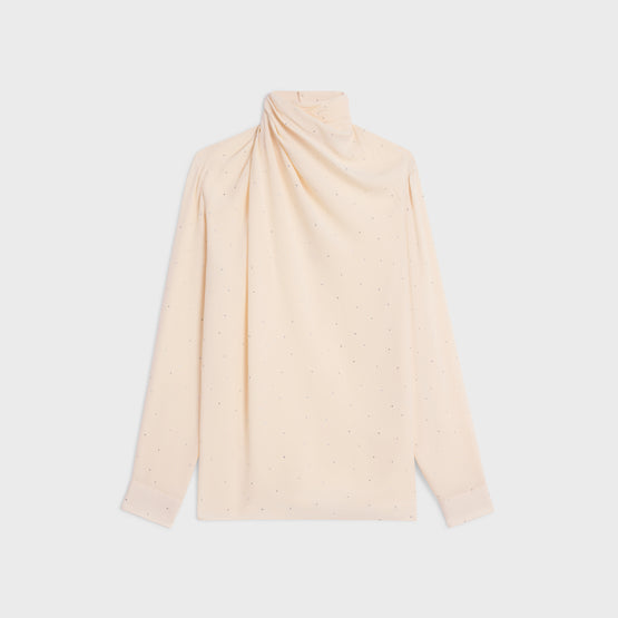 BLOUSE COL DRAPÉ CÔTÉ IN SABLE LEGER STRASS