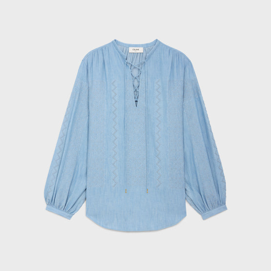 BLOUSE ROMY COL LACET BRODE IN CHAMBRAY LAVE