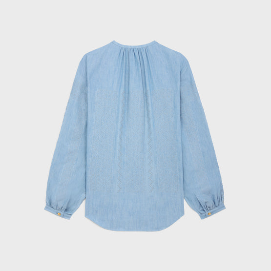 BLOUSE ROMY COL LACET BRODE IN CHAMBRAY LAVE