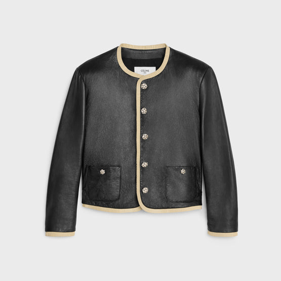VESTE COL ROND FRILL BIJOUX IN SOFT LAMBSKIN