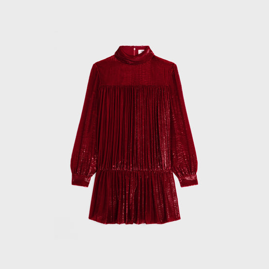 MINI ROBE FRONCEE COL RETOURNE IN VELOURS LAMÉ LIQUIDE