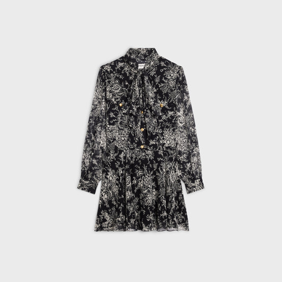 MINI ROBE LAVALLIÈRE MILITAIRE IN GEORGETTE BOUQUET DECO