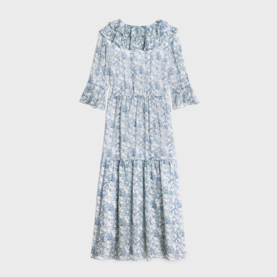 ROBE LONGUE VOLANTS IN GEORGETTE SOIE AQUARELLE