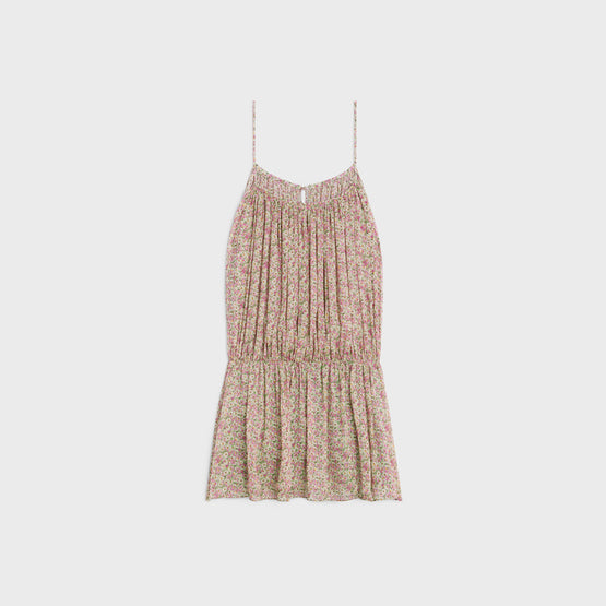 MINI ROBE FRONCEE DECOLLETE V IN GEORGETTE SOIE PAQUERETTES