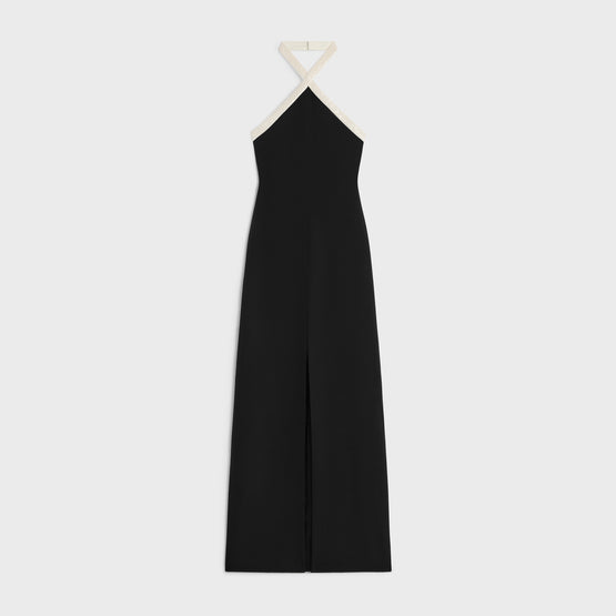 ROBE COLONNE BANDES BRODEES IN SATIN-BACKED CREPE