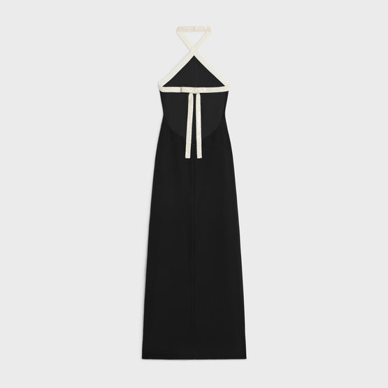 ROBE COLONNE BANDES BRODEES IN SATIN-BACKED CREPE