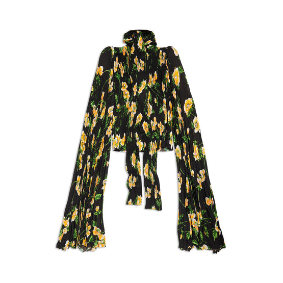 Women Scarf Pleated Blouse - Black/Yellow