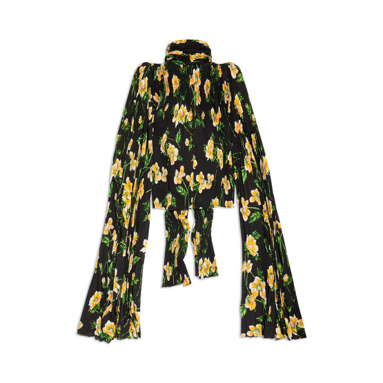 Women Scarf Pleated Blouse - Black/Yellow